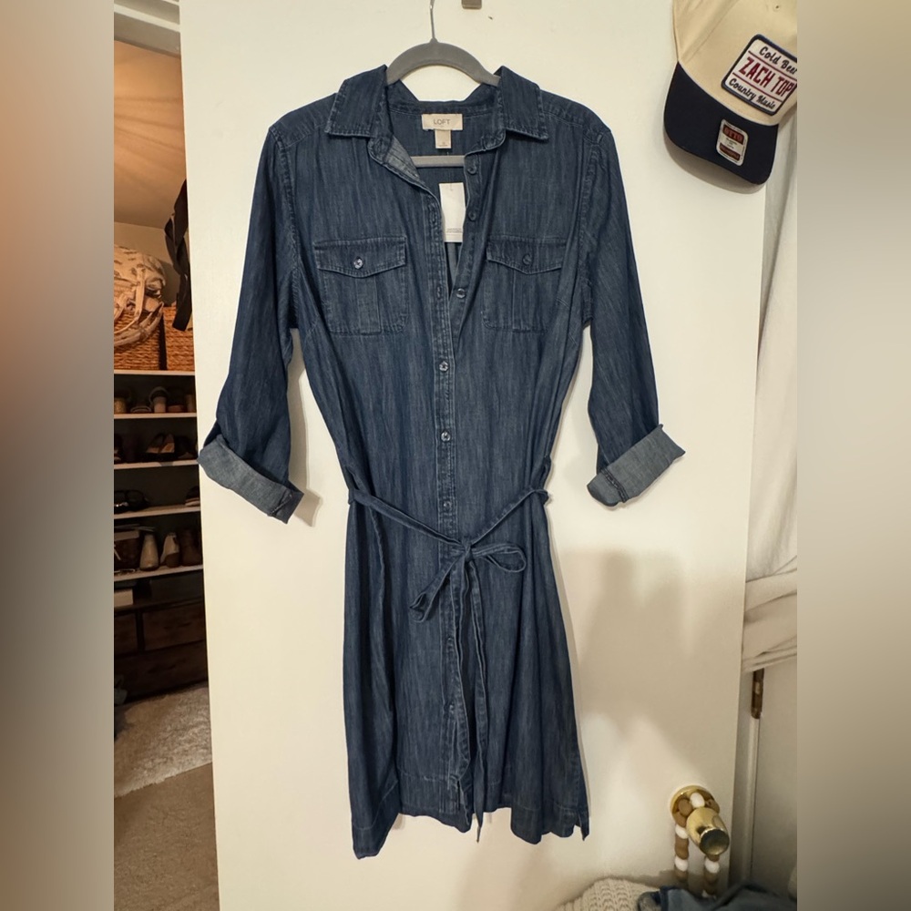 LOFT Indigo Button-Front Denim Shirt Dress